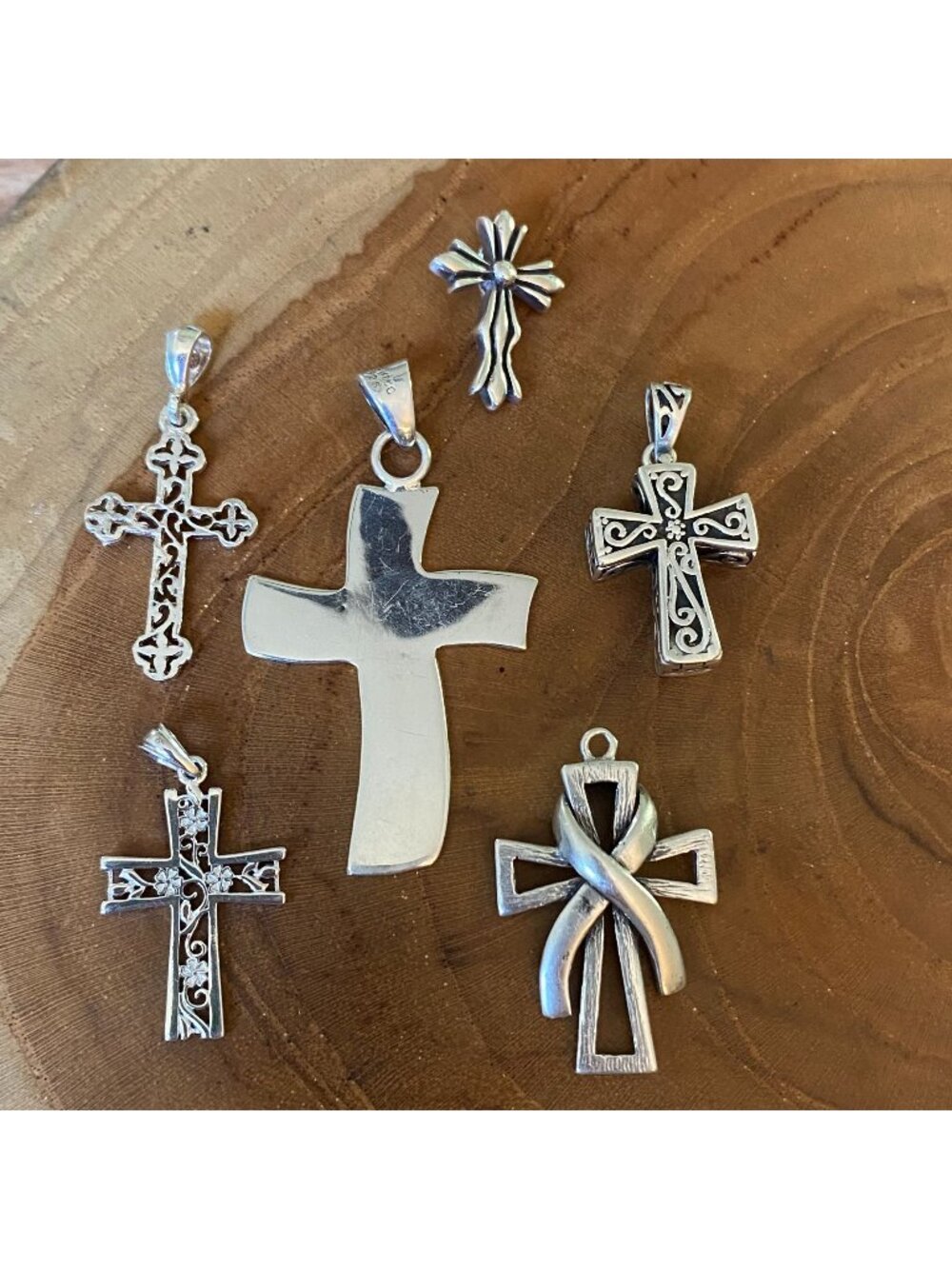 Lot of 6 Assorted Silver Cross Pendants